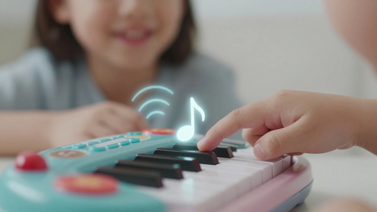 Ребёнок нажимает клавишу музыкальной игрушки — звуковой волной вокруг неё.