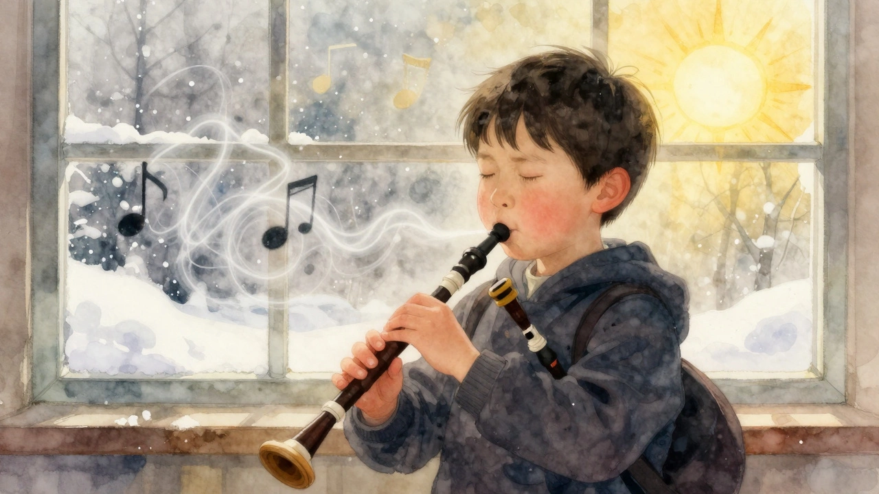 Ребёнок пытается сыграть на волынке, щёки надуты, звук визуализирован как нестабильная волна.