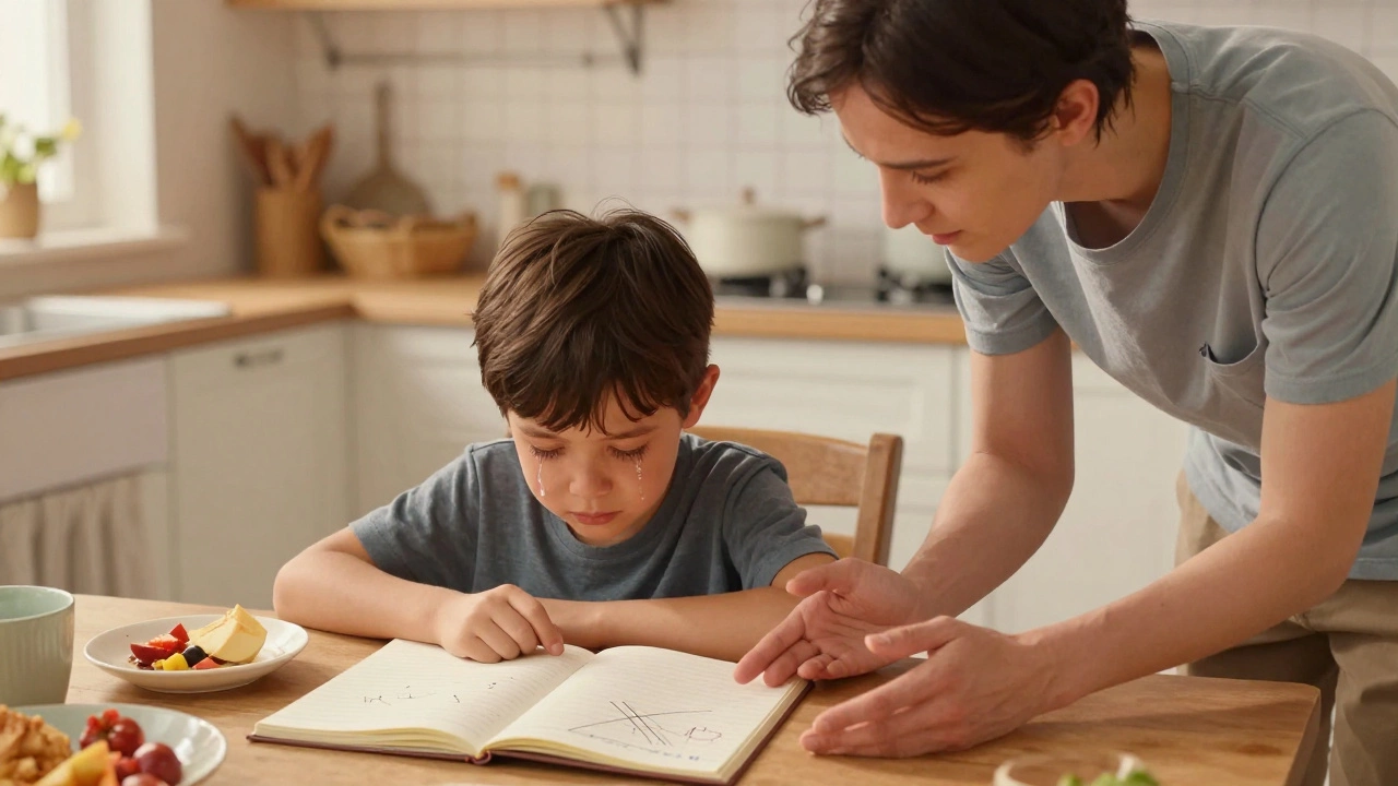 Ребёнок семь лет плачет за столом, родитель рядом с открытыми ладонями, без слов.