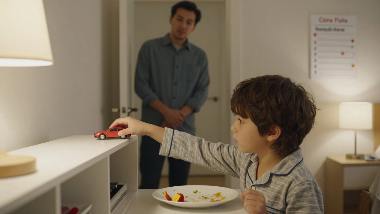 Ребёнок убирает игрушку на полку, родитель наблюдает с двери, не вмешиваясь.