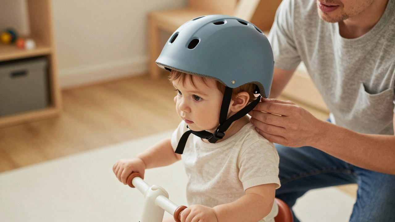 Родитель помогает ребенку надеть шлем для езды
