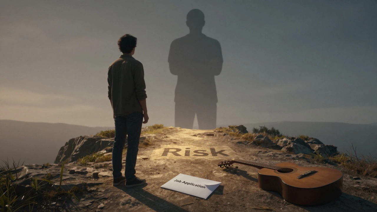 Взрослый человек на краю скалы смотрит на путь риска, позади — тень родителя, несказанно угрожающая.