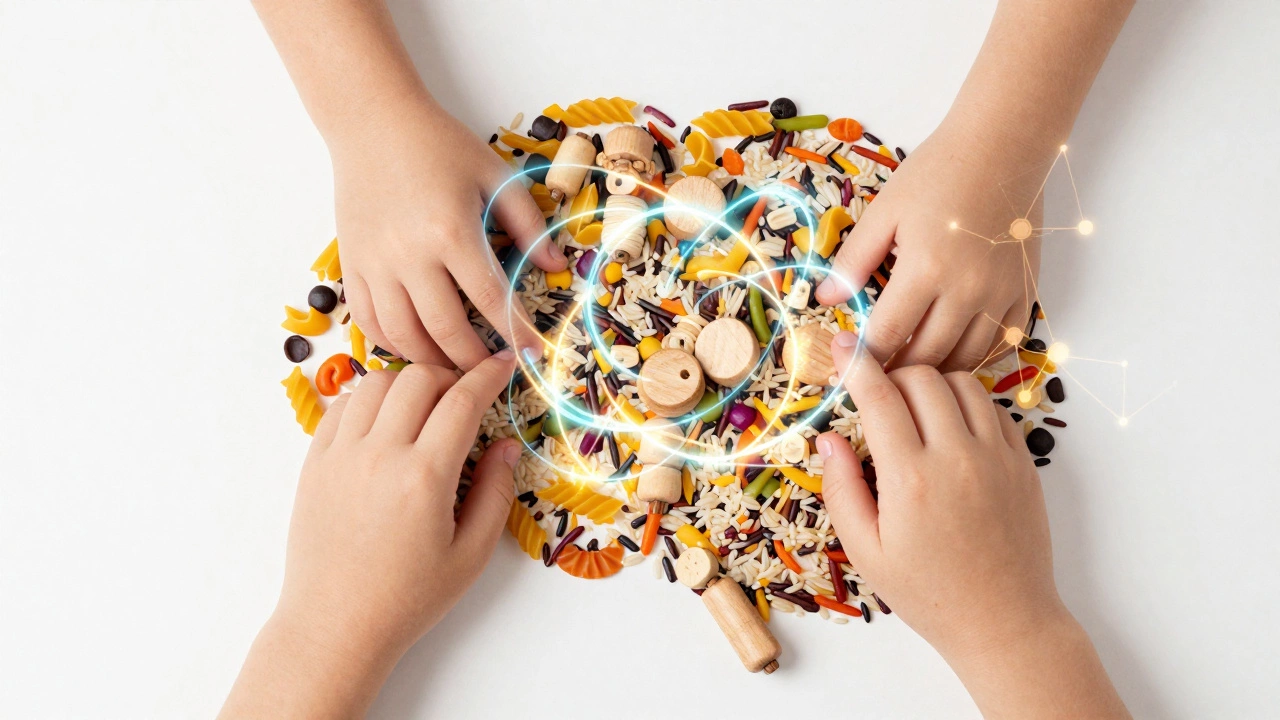 Детские руки перебирают крупы, что стимулирует развитие нейронных связей