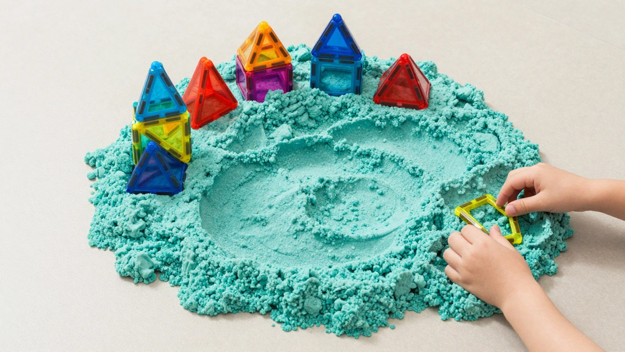 Детские руки создают фигуры из магнитного конструктора и кинетического песка