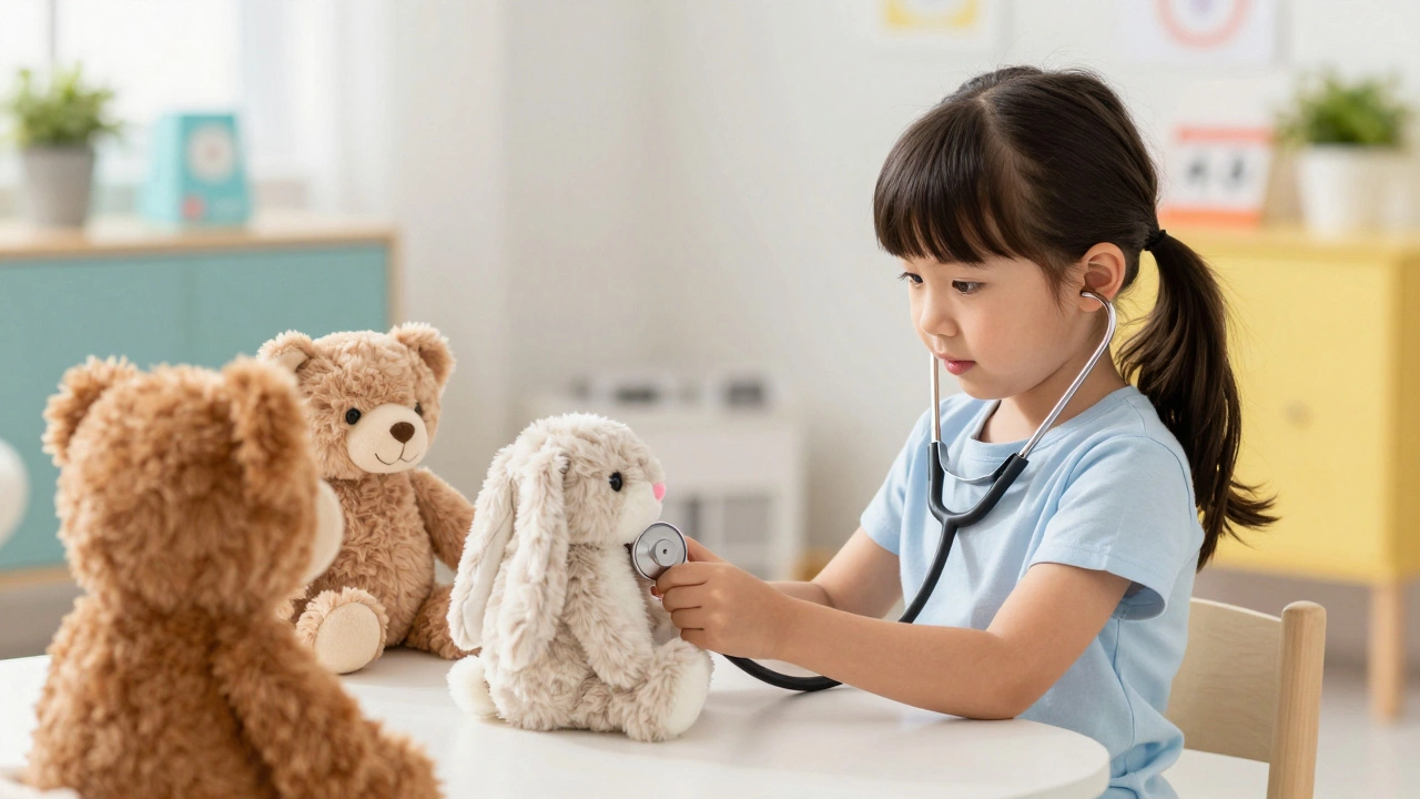 Девочка играет в врача, леча плюшевого зайца в детской комнате