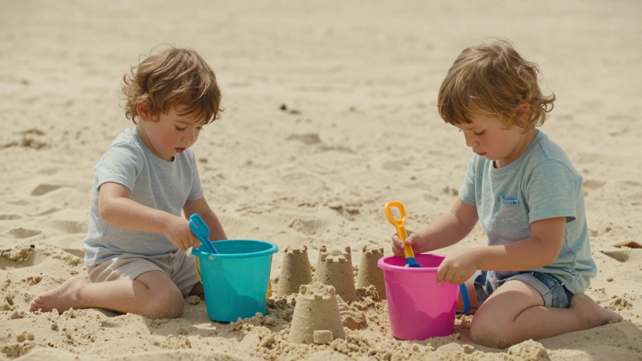 Двое детей играют в песочнице рядом друг с другом, создавая свои замки