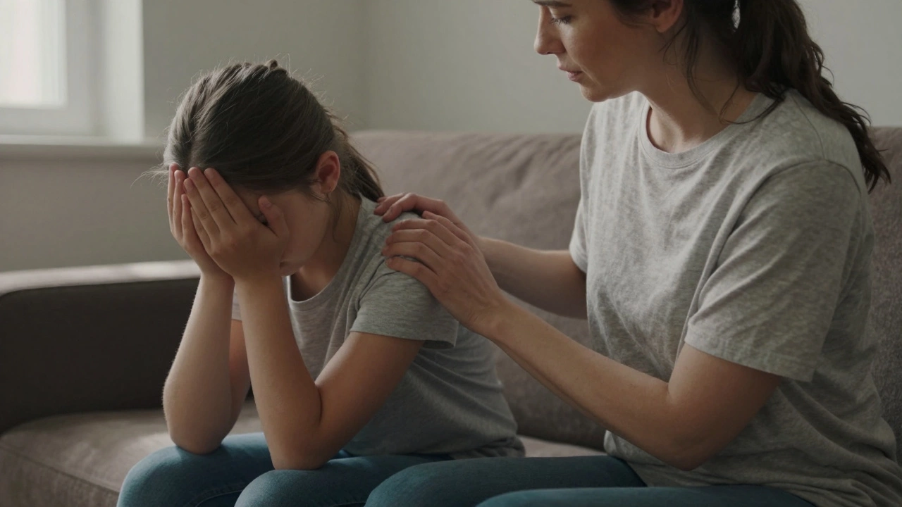 Маленькая девочка утешает расстроенную мать, меняясь ролями