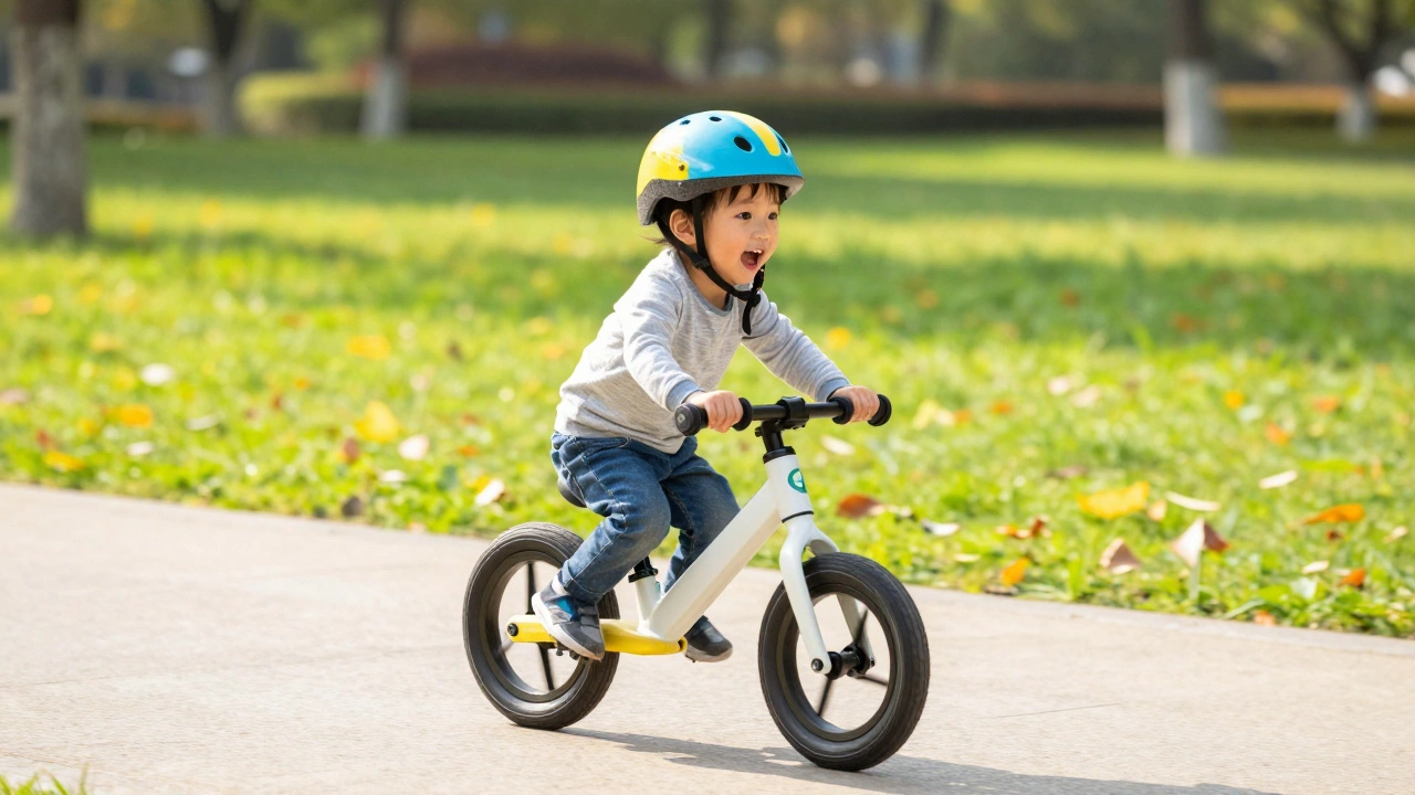 Малыш в шлеме едет на беговеле по дорожке в парке
