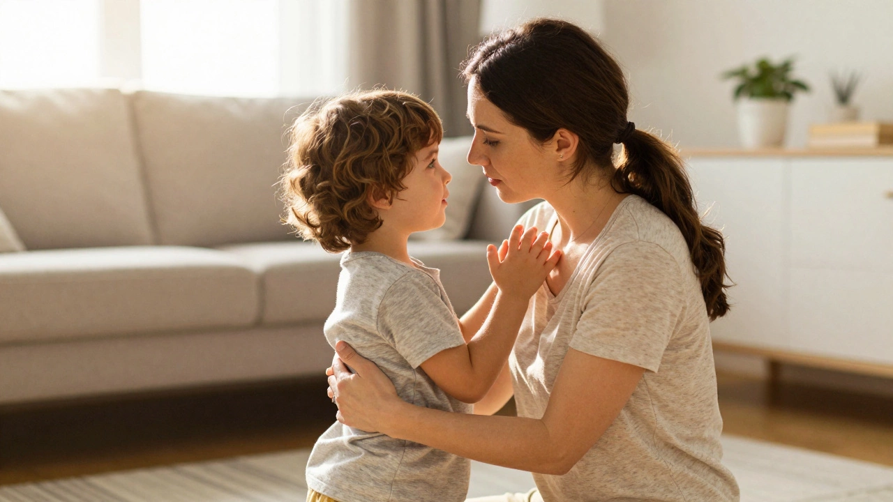 Мама обнимает ребенка в светлой комнате, мирясь после ссоры