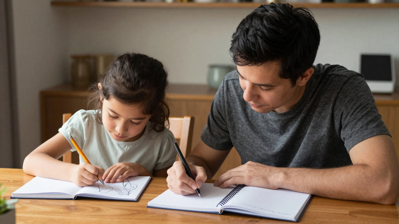 Отец и дочь вместе занимаются делами за столом, подавая пример организованности