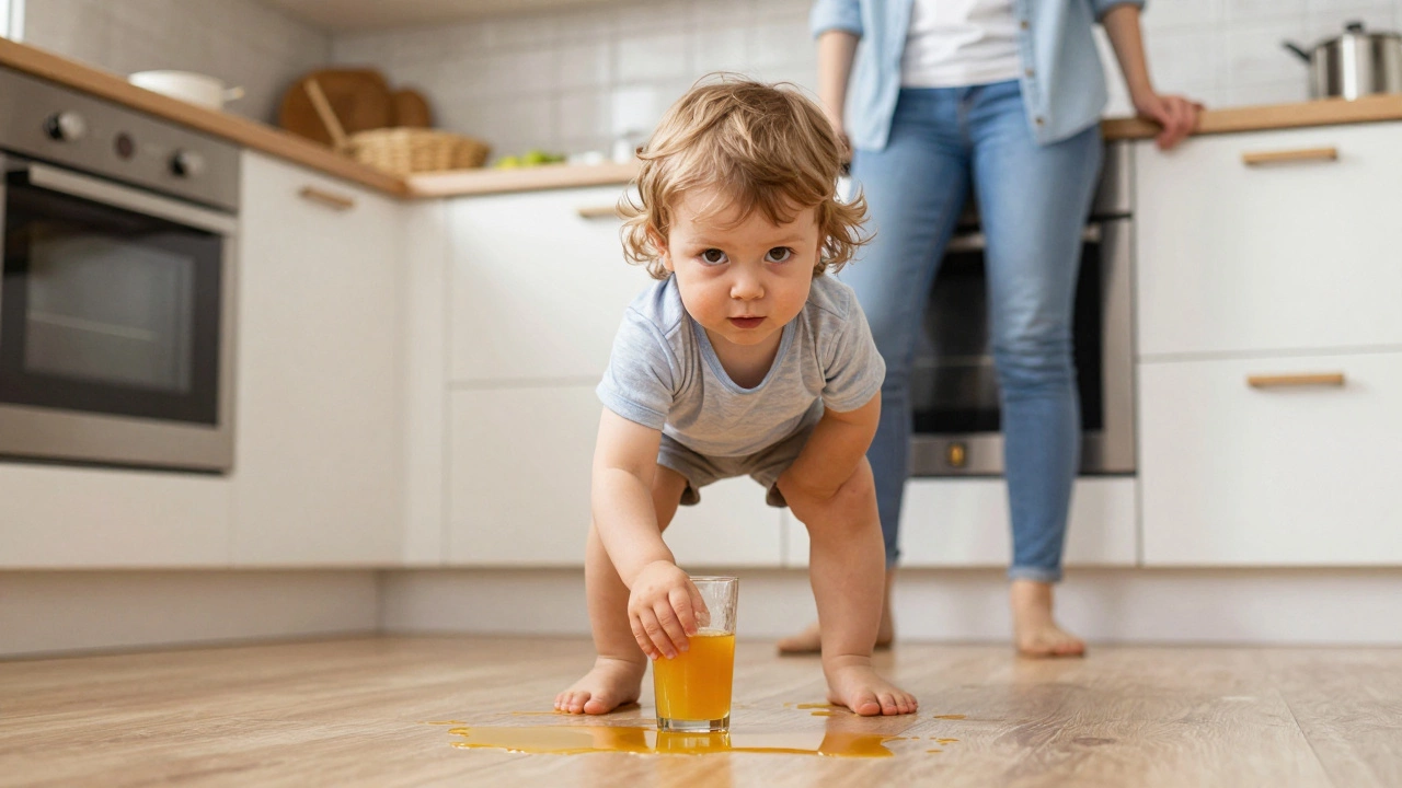 Ребенок двух лет смотрит в глаза родителю после разлитого сока
