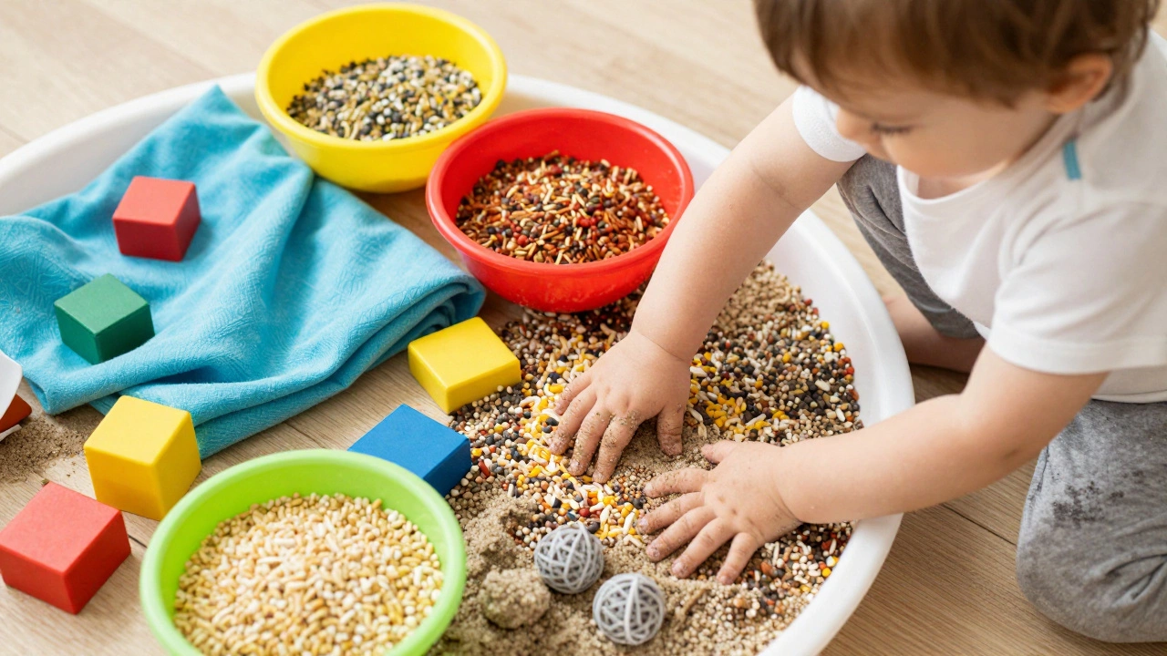Ребенок играет с разноцветными крупами и текстурами, развивая мелкую моторику и органы чувств