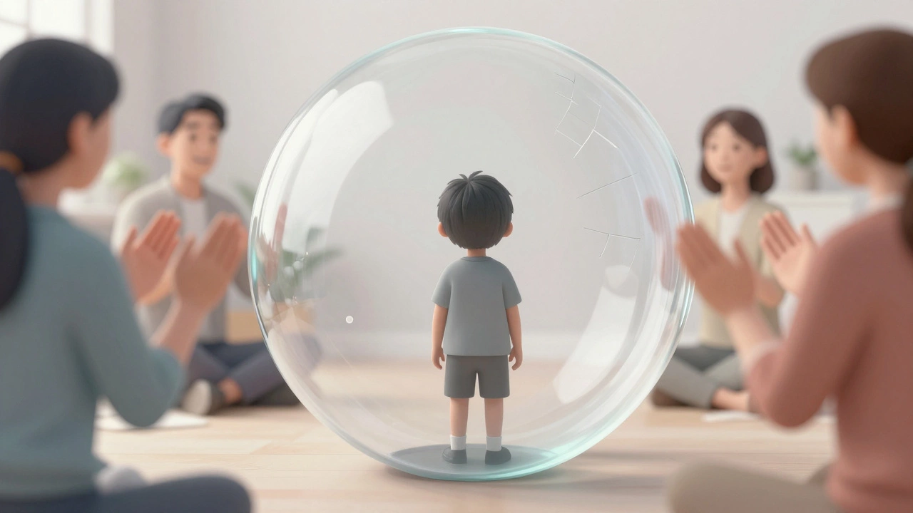 Ребенок в прозрачном стеклянном пузыре, символизирующем эмоциональную изоляцию
