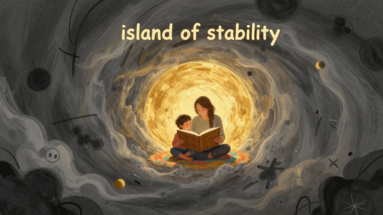 Родитель и ребенок читают книгу в уютном светящемся круге посреди хаоса