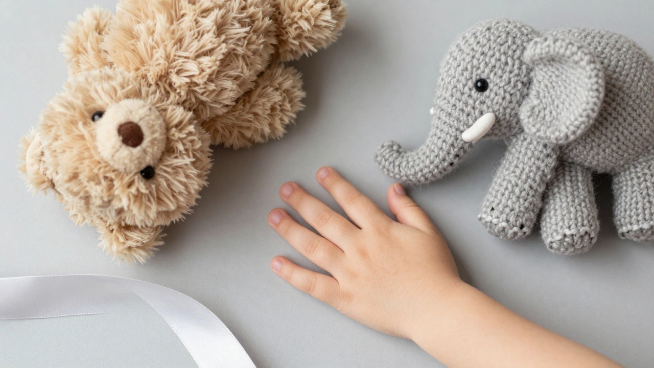 Рука ребенка касается различных текстур мягких игрушек