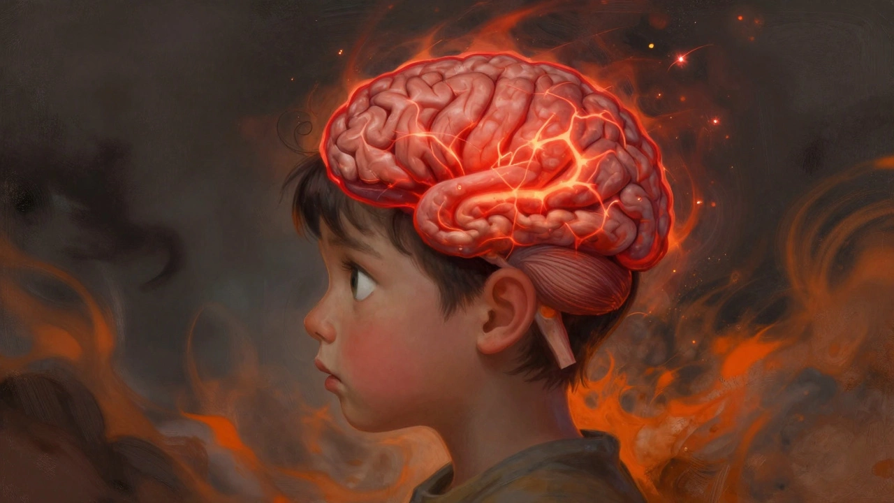 Схематичное изображение мозга ребенка с подсвеченной красным зоной стресса