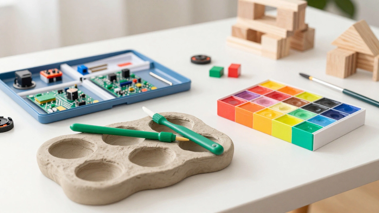 Разнообразные наборы для творчества: глина, краски и электроника на столе