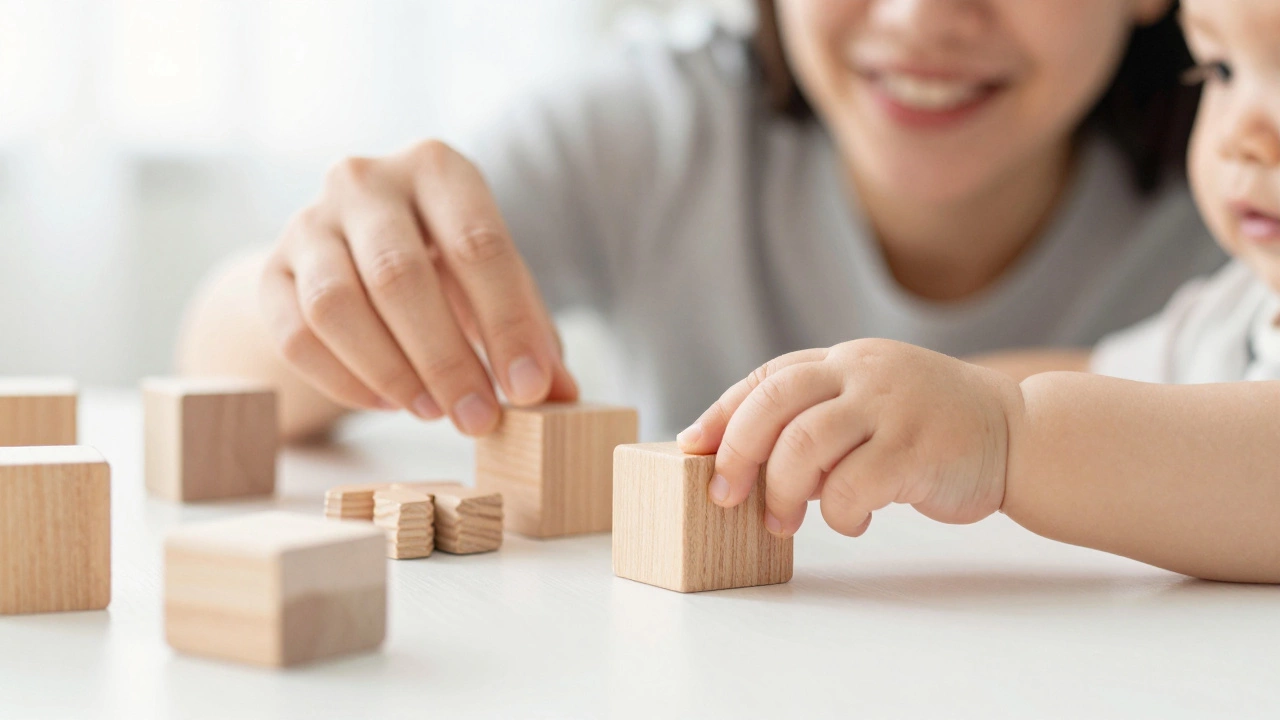 Baby developing fine motor skills by playing with educational wooden toys under parental supervision