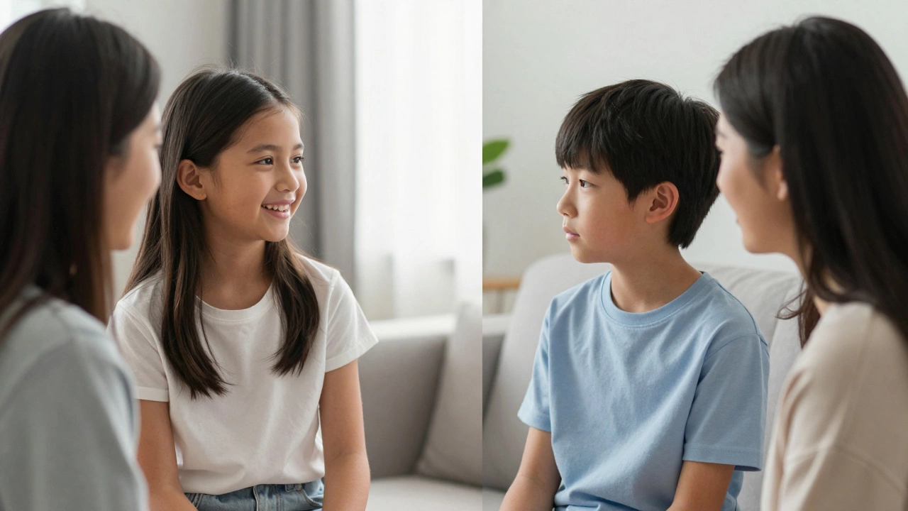 Illustration of different speech development paces: a talking girl and a listening boy with their parents