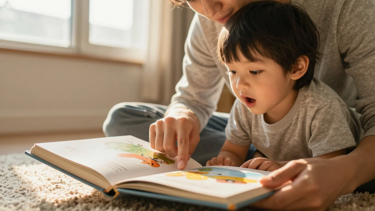 Родитель читает книгу малышу, указывая на картинки